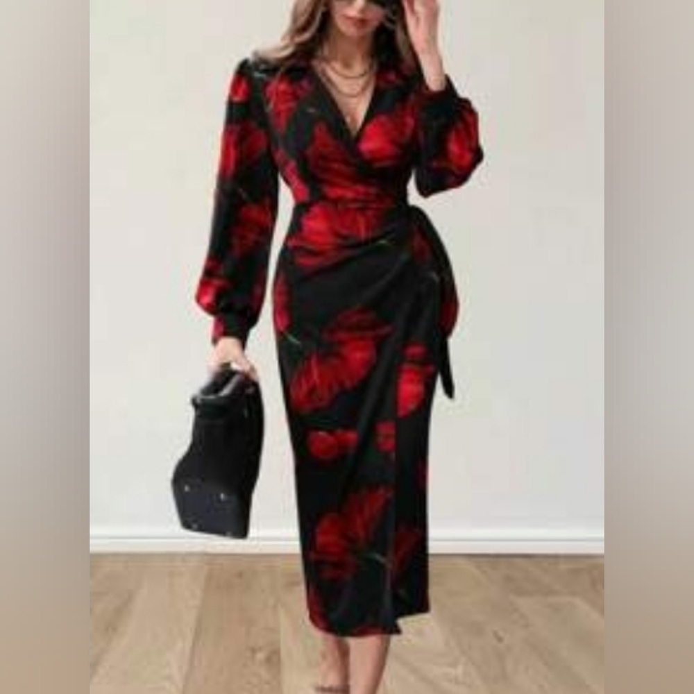 SHEIN Elegant Black and Red Floral Wrap Dress